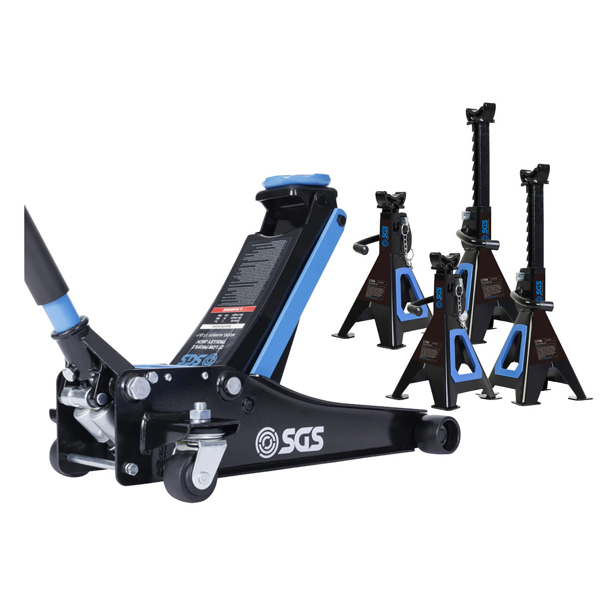 SGS 2 Tonne Low Profile Trolley Jack | 4x 2 Tonne Ratchet Axle Stands